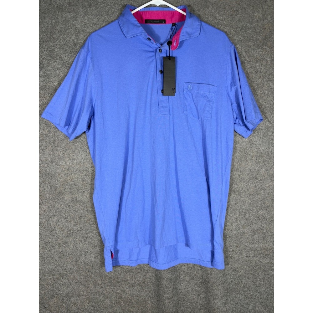 Greyson Clothiers Mens Polo Shirt L Periwinkle Blue Pink Contrast Golf NWT